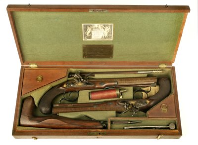 Pair of Flintlock Dueling Pistols with Case and Accessories, c.1780-1800 by H.W. Mortimer and Sons
